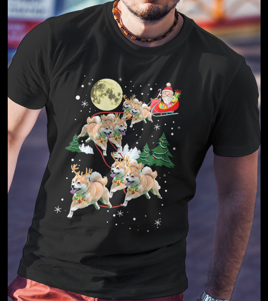 Santa's Shiba Inu Sleigh Ride Under Full Moon T-Shirt