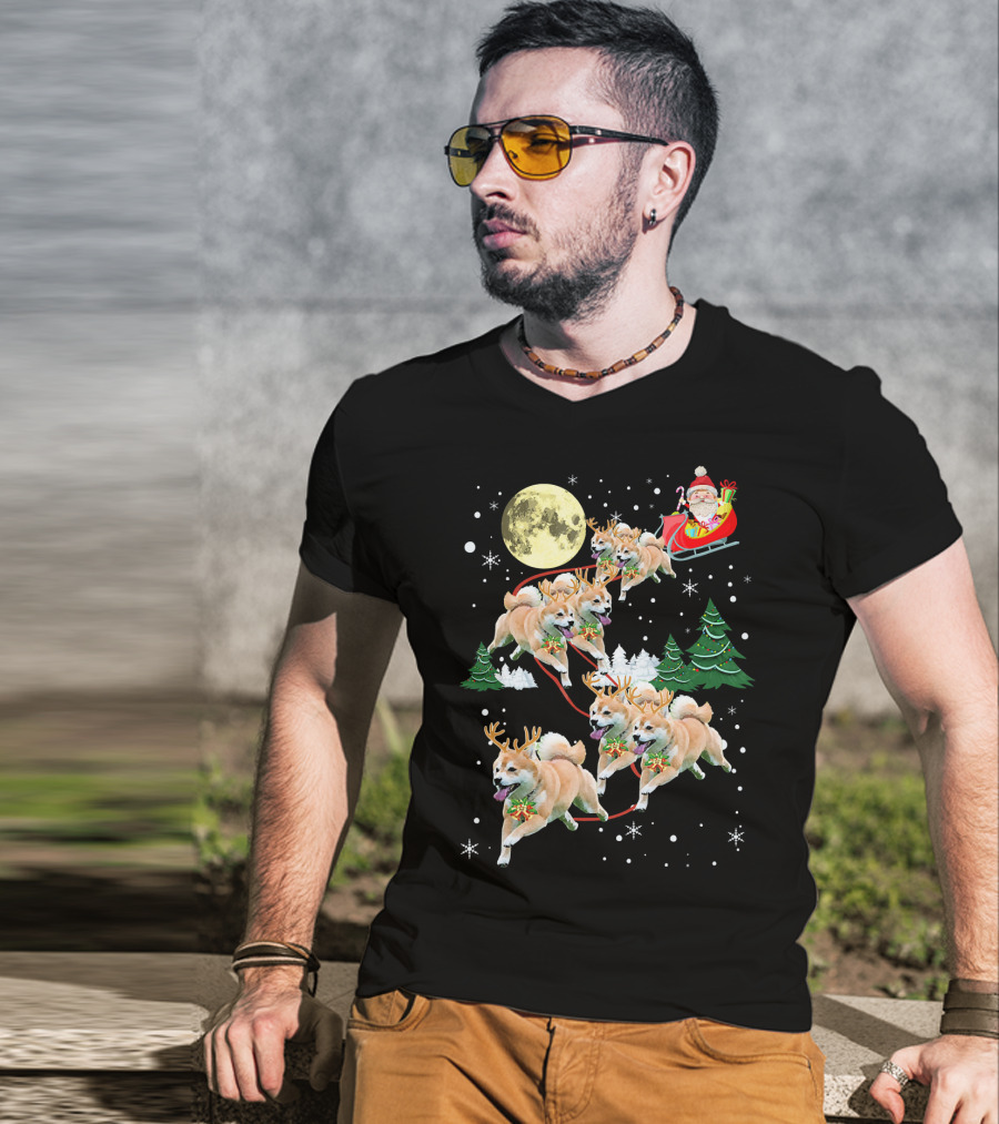 Santa's Shiba Inu Sleigh Ride Under Full Moon T-Shirt