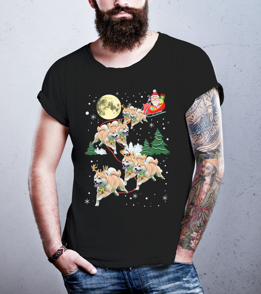 Santa's Shiba Inu Sleigh Ride Under Full Moon T-Shirt