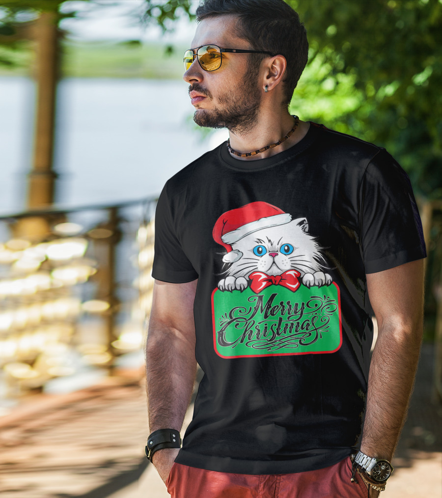 Merry Christmas Cute Cat With Santa Hat And Bow Tie T-Shirt