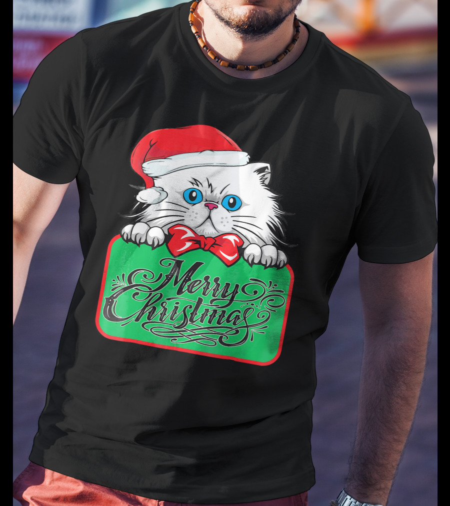 Merry Christmas Cute Cat With Santa Hat And Bow Tie T-Shirt
