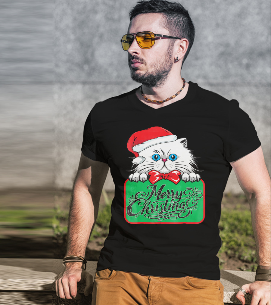 Merry Christmas Cute Cat With Santa Hat And Bow Tie T-Shirt