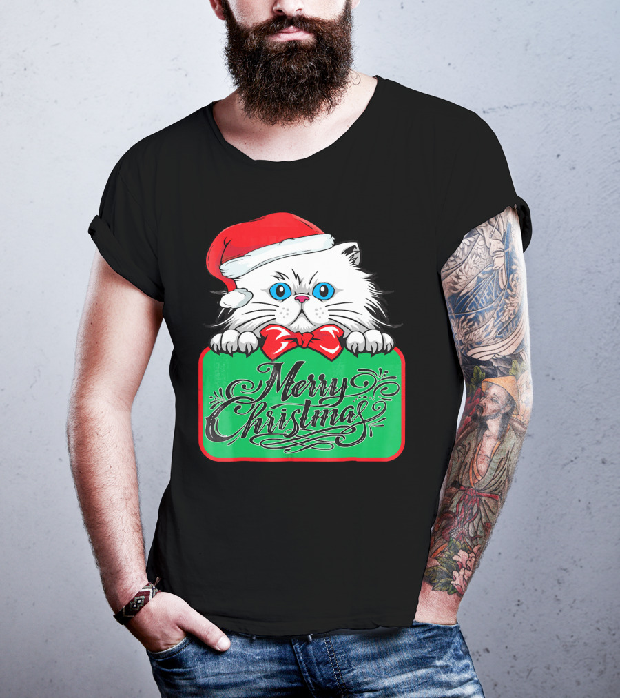 Merry Christmas Cute Cat With Santa Hat And Bow Tie T-Shirt