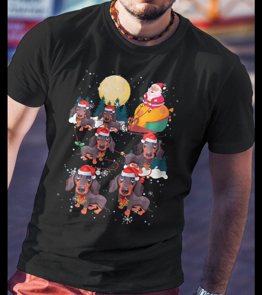 Santa Riding Sleigh With Dachshund Reindeer Under Full Moon T-Shirt