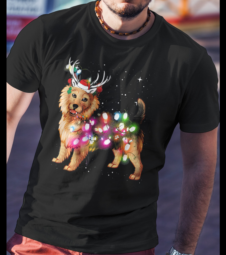 Australian Terrier With Christmas Lights And Reindeer Antlers T-Shirt