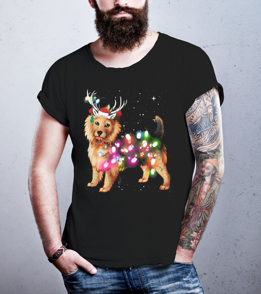 Australian Terrier With Christmas Lights And Reindeer Antlers T-Shirt