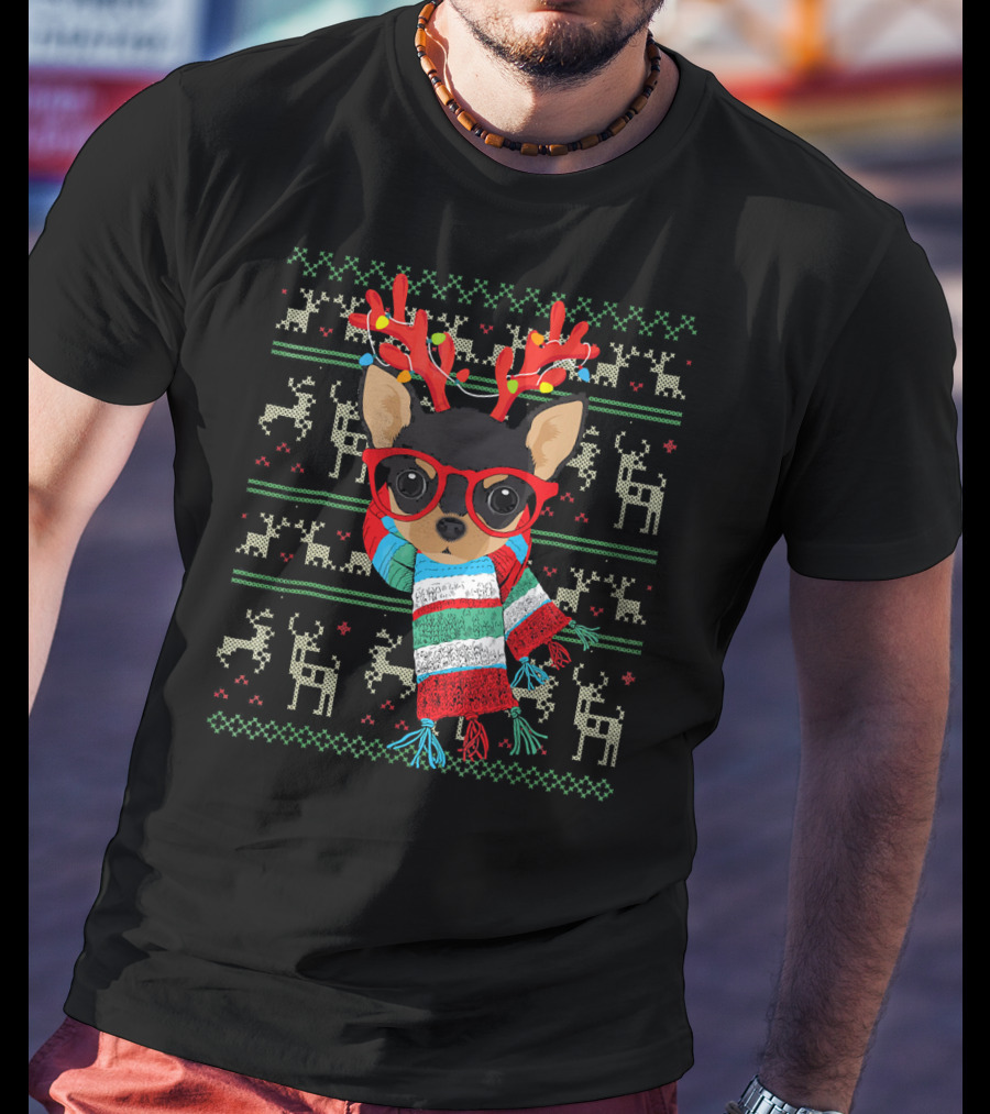 Dog Lover Chihuahua With Glasses And Reindeer Antlers In Festive Scarf T-Shirt