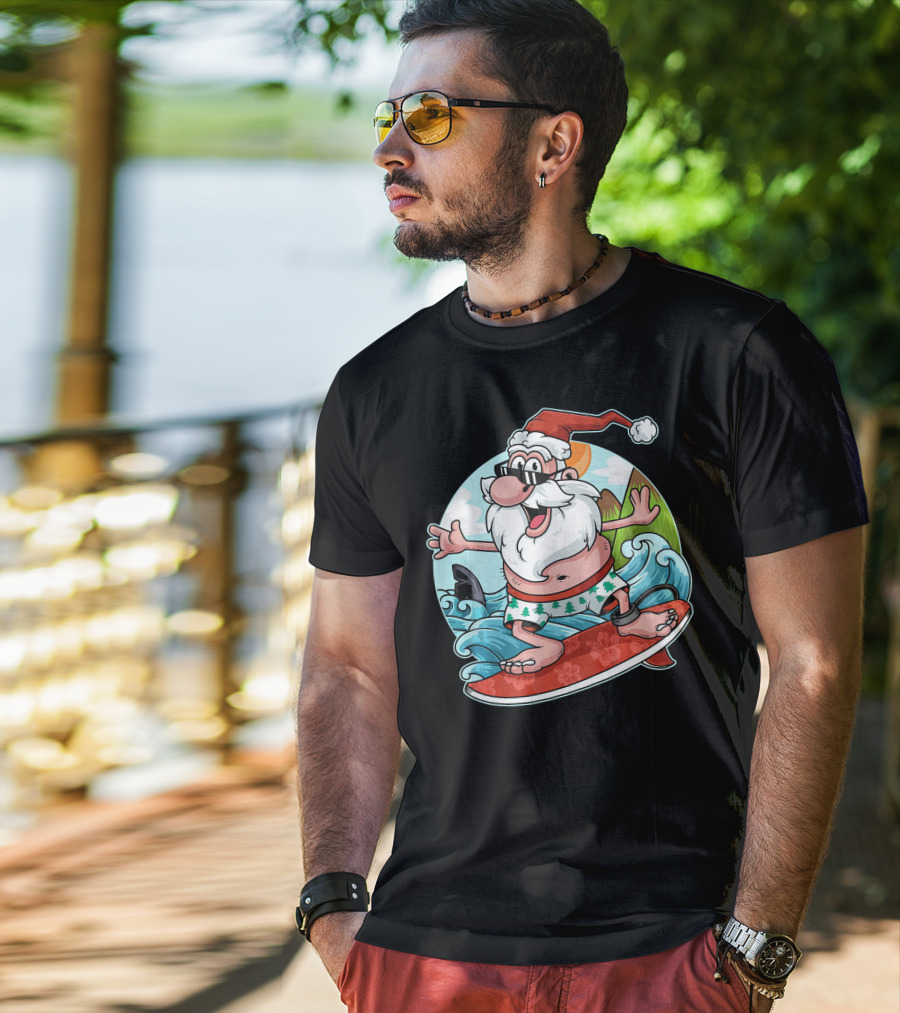 Surfing Santa Riding Waves Christmas In July Tropical Fun T-Shirt