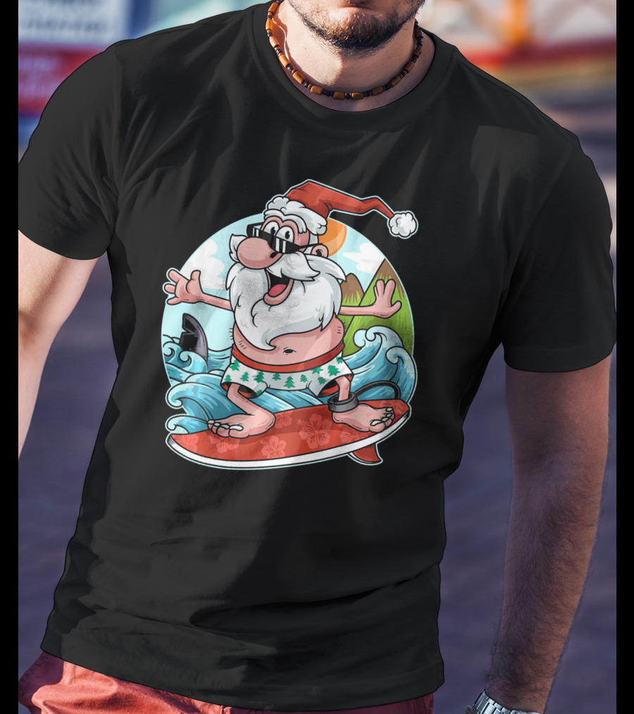Surfing Santa Riding Waves Christmas In July Tropical Fun T-Shirt