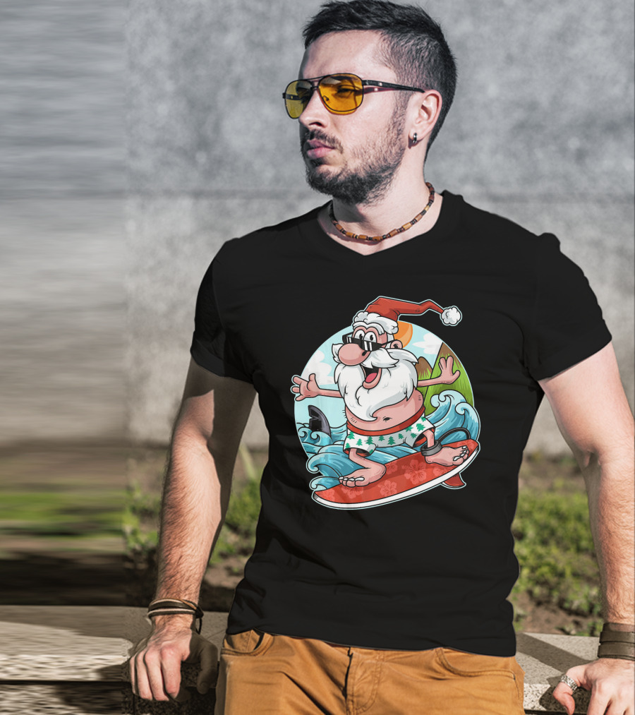 Surfing Santa Riding Waves Christmas In July Tropical Fun T-Shirt