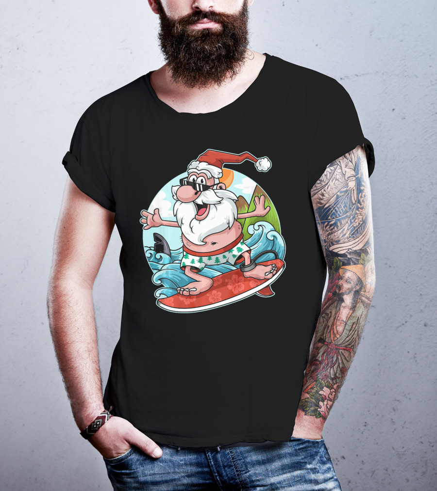 Surfing Santa Riding Waves Christmas In July Tropical Fun T-Shirt