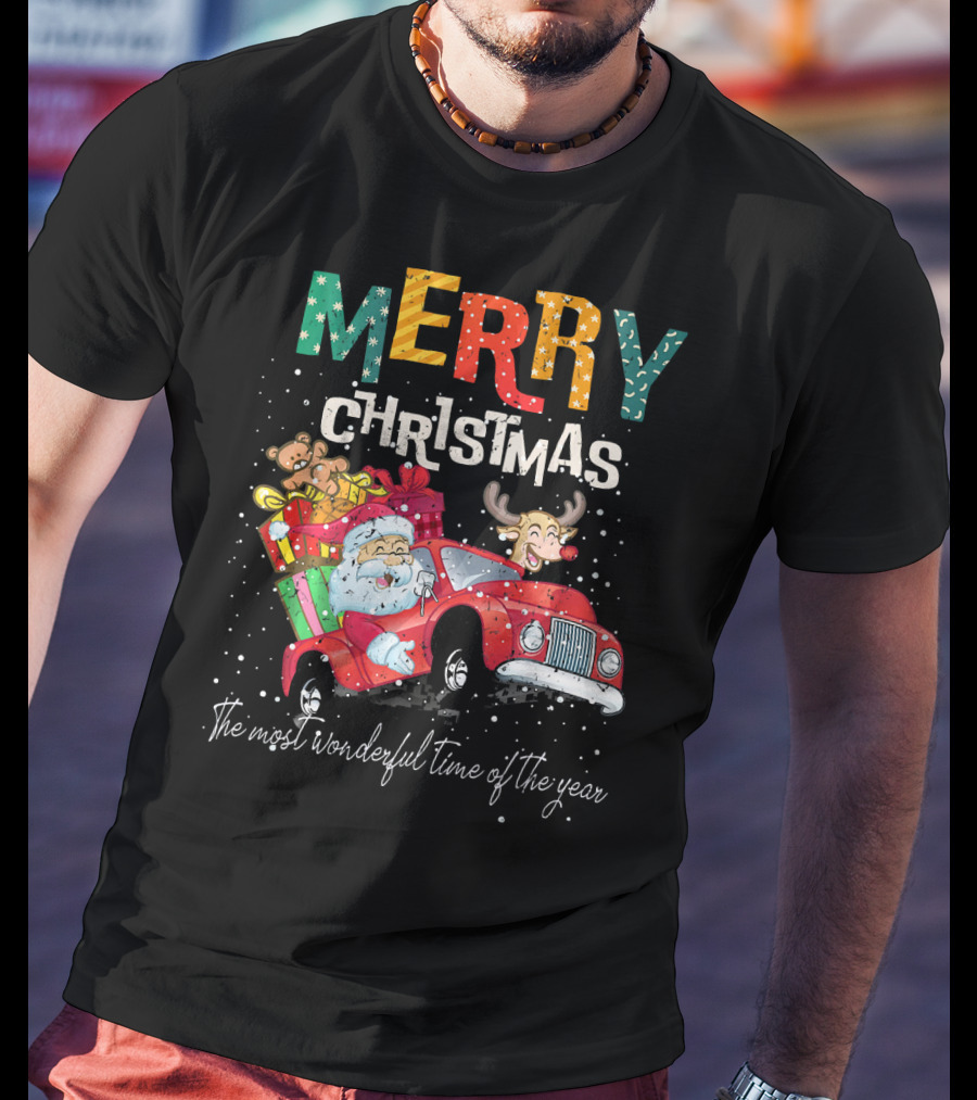 Merry Christmas Reindeer Santa Drive Red The Most Wonderful Time Of The Year T-Shirt