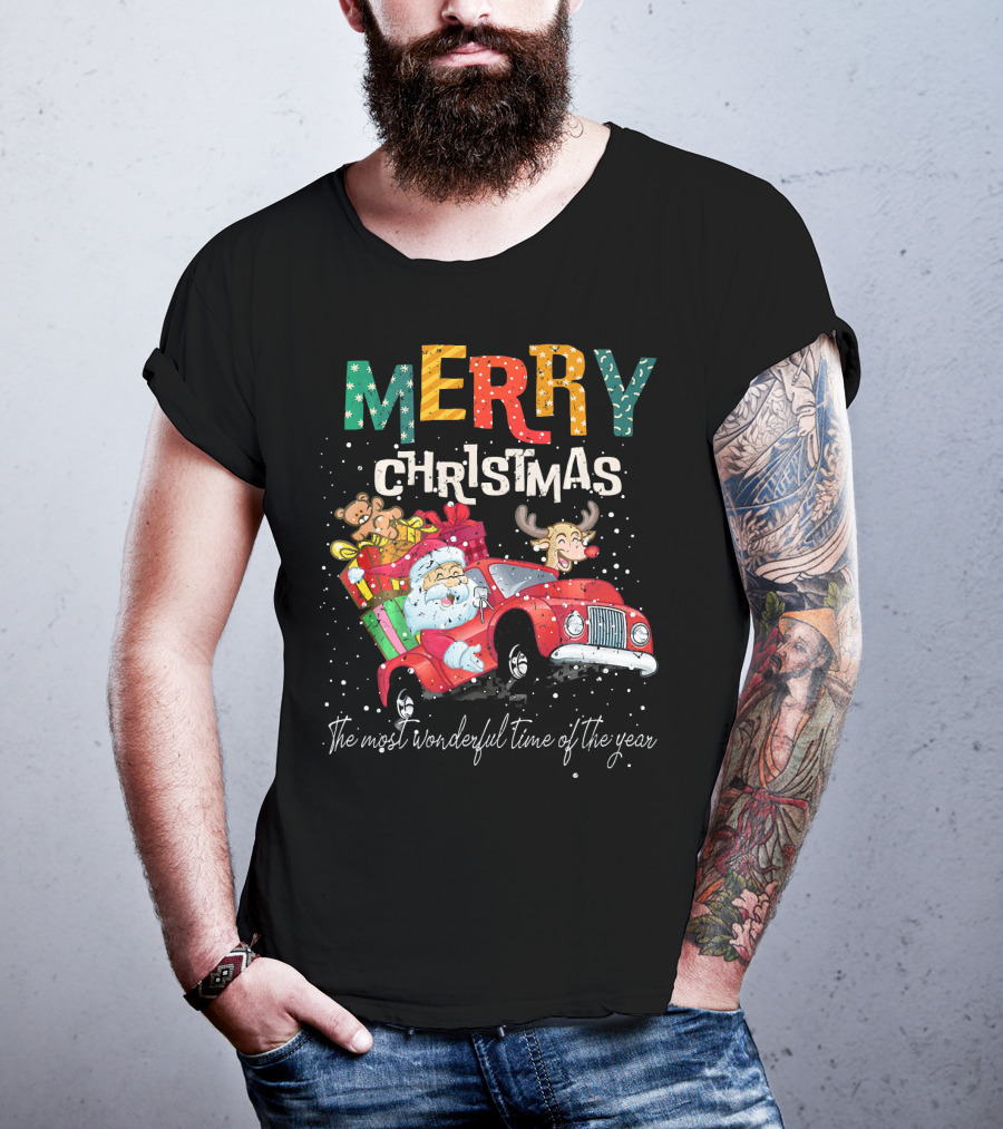 Merry Christmas Reindeer Santa Drive Red The Most Wonderful Time Of The Year T-Shirt