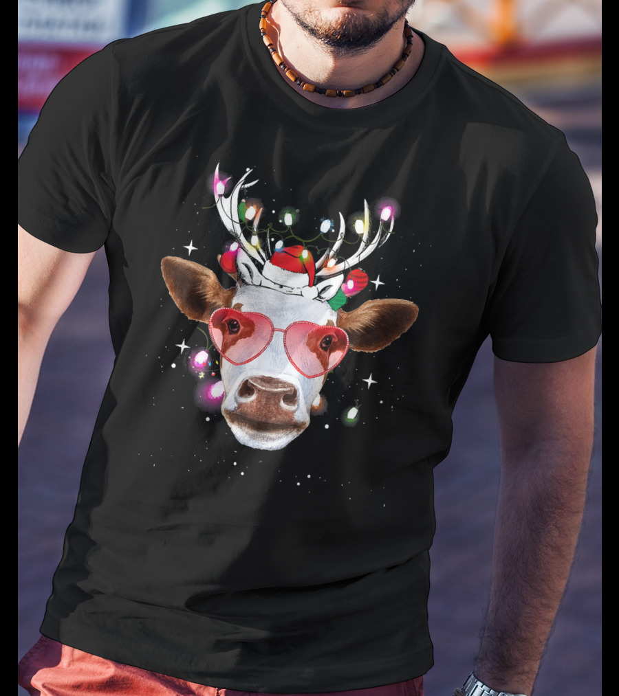 Cow With Antlers Heart Glasses And Christmas Lights T-Shirt