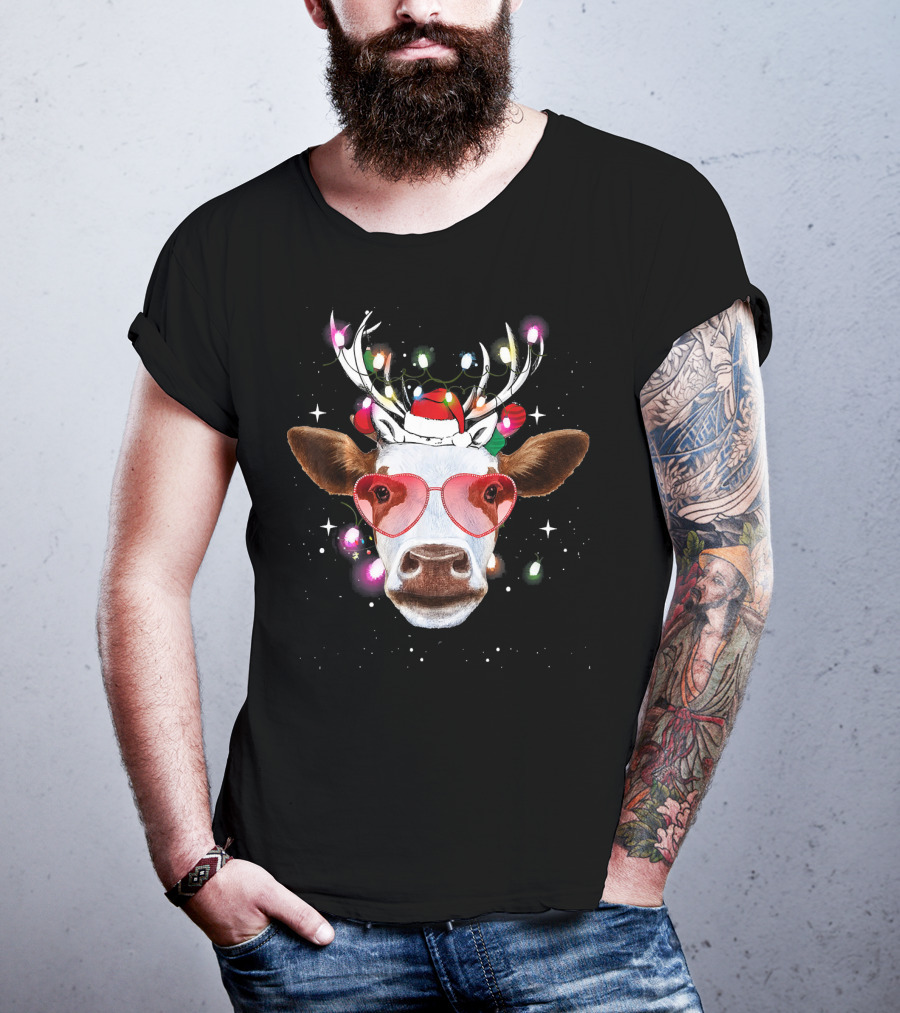Cow With Antlers Heart Glasses And Christmas Lights T-Shirt