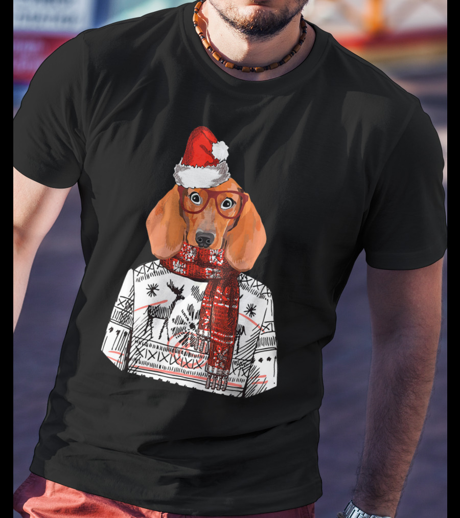 Dachshund Dog Santa Hat Funny Merry Christmas T-Shirt