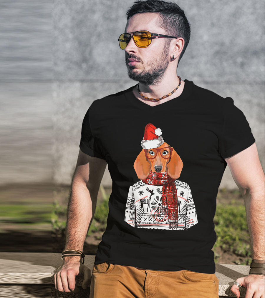 Dachshund Dog Santa Hat Funny Merry Christmas T-Shirt