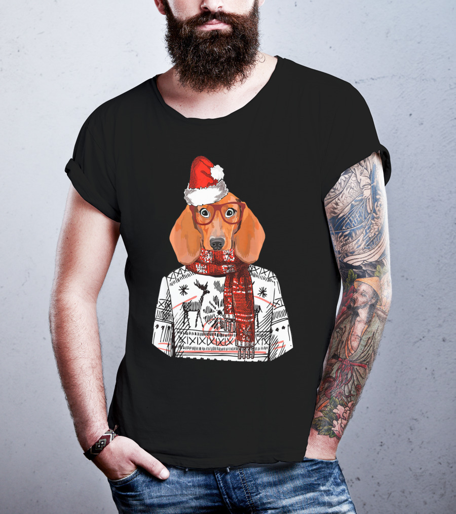 Dachshund Dog Santa Hat Funny Merry Christmas T-Shirt
