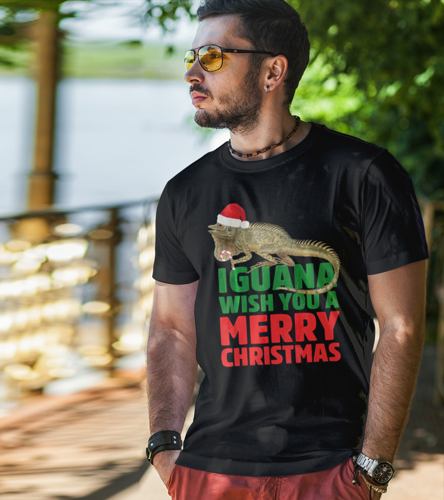 Iguana Wish You A Merry Christmas Santa Hat Candy Cane T-Shirt