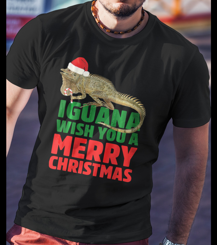 Iguana Wish You A Merry Christmas Santa Hat Candy Cane T-Shirt