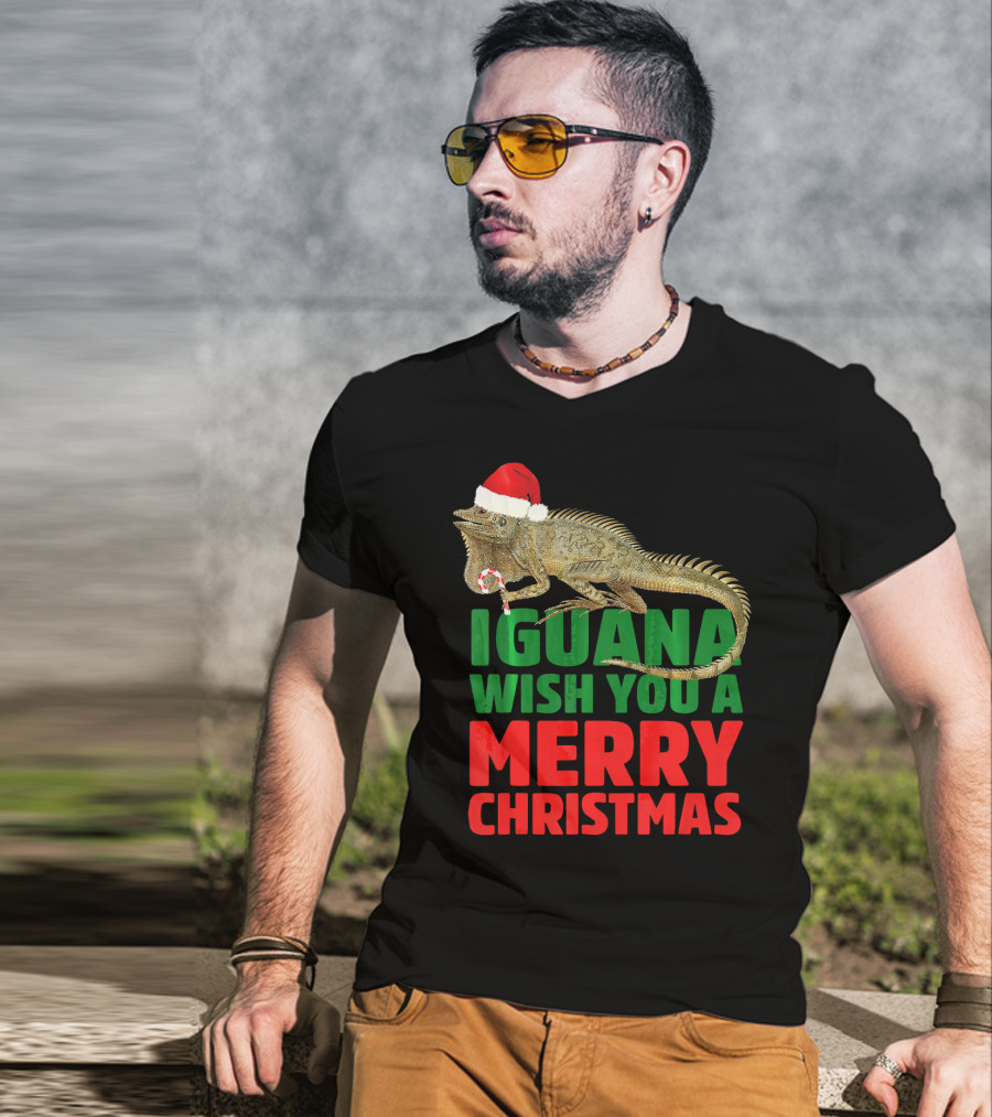 Iguana Wish You A Merry Christmas Santa Hat Candy Cane T-Shirt