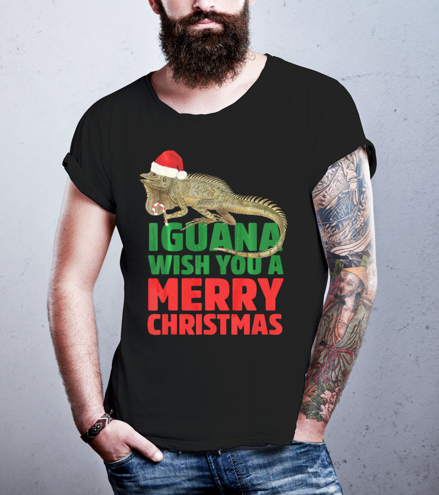 Iguana Wish You A Merry Christmas Santa Hat Candy Cane T-Shirt