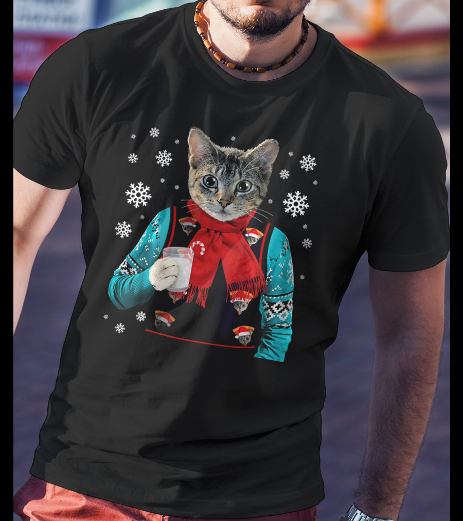 Hipster Cat Wearing Festive Sweater With Red Scarf And Holding Milk T-Shirt