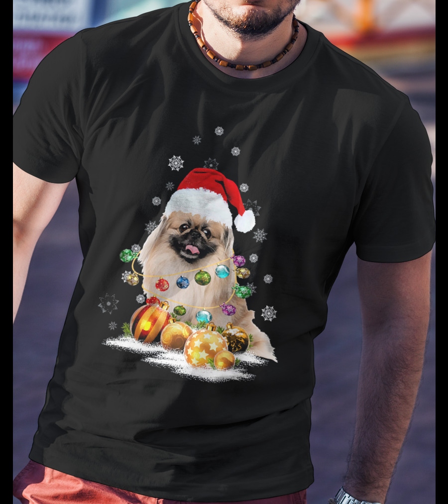 Pekingese Christmas Dog Lights With Santa Hat And Snowflakes T-Shirt
