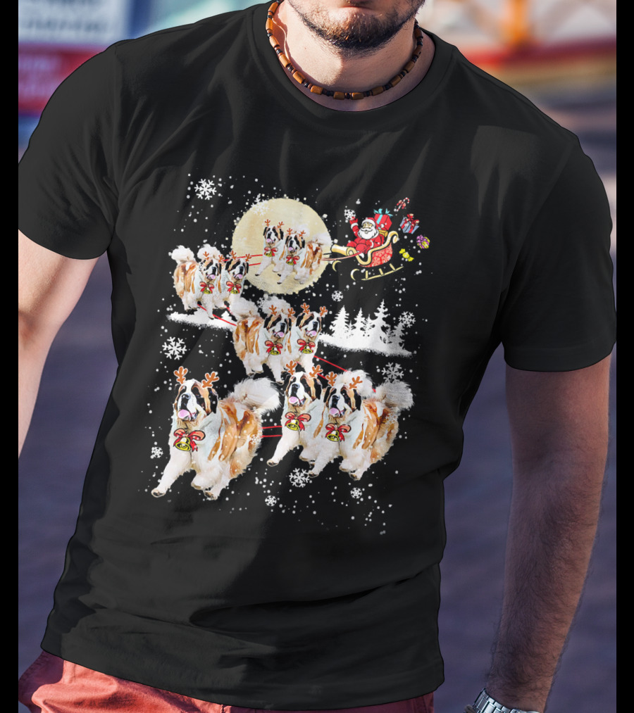St Bernard Reindeer Christmas Santa Sleigh Nice Dog T-Shirt