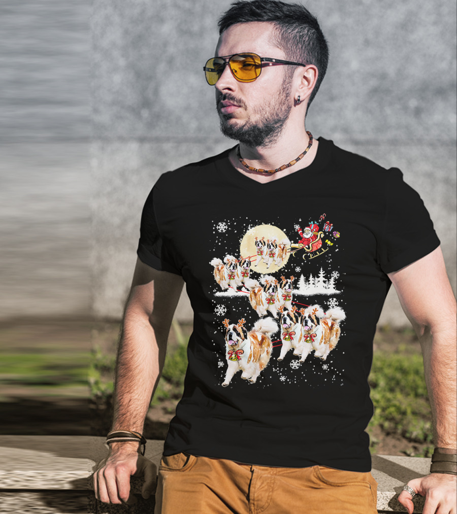 St Bernard Reindeer Christmas Santa Sleigh Nice Dog T-Shirt