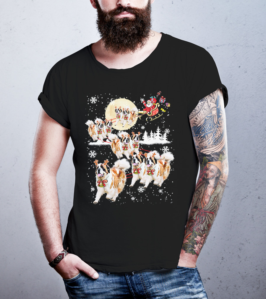 St Bernard Reindeer Christmas Santa Sleigh Nice Dog T-Shirt