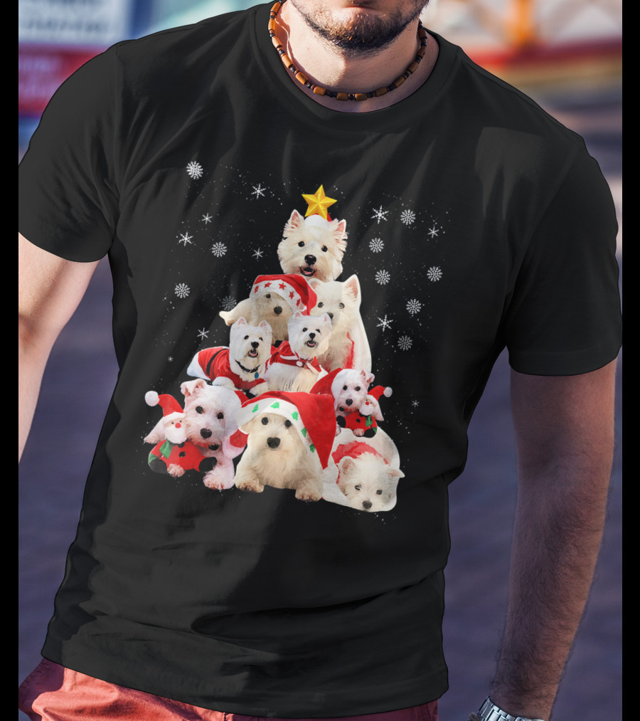 Westie Dogs In Holiday Hats Forming Christmas Tree With Snowflakes And Star T-Shirt