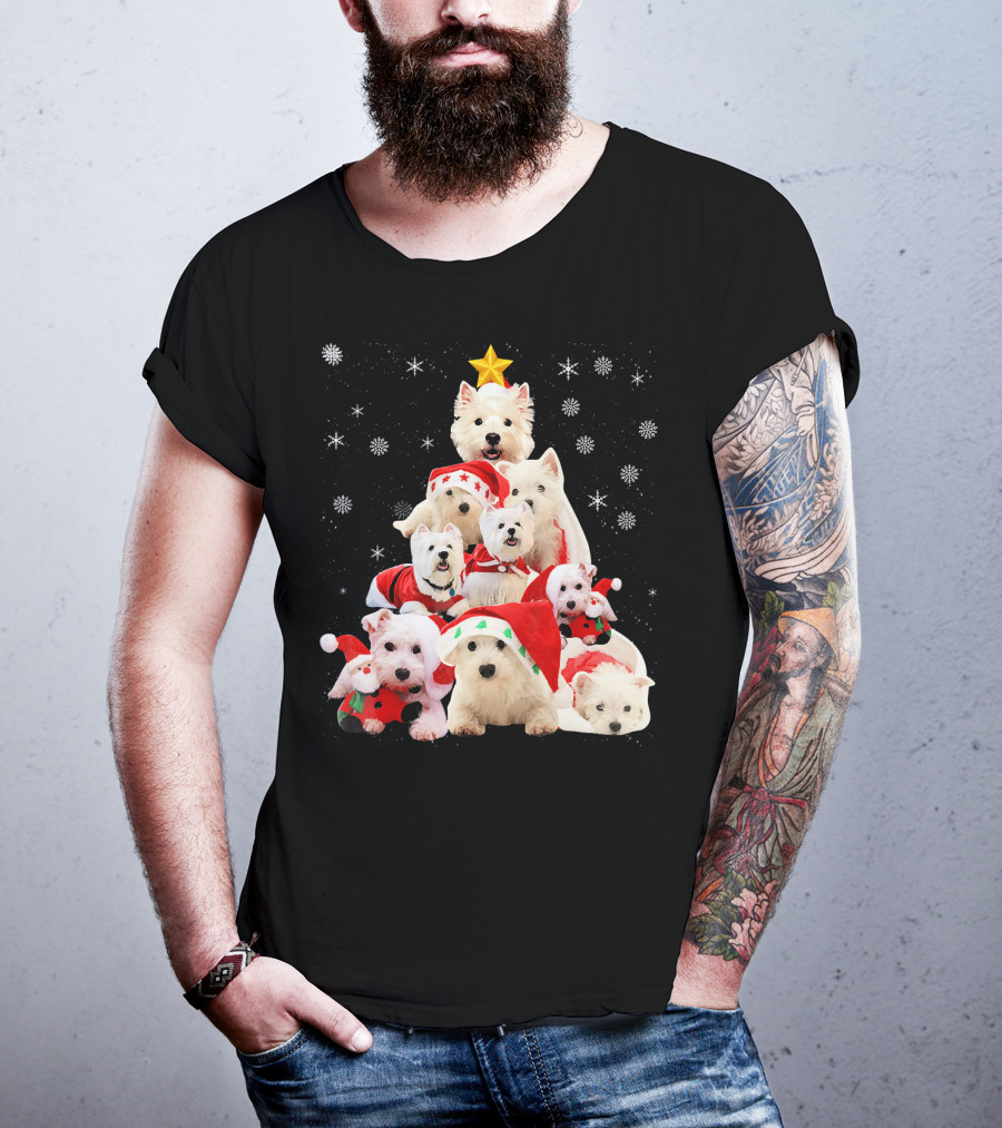 Westie Dogs In Holiday Hats Forming Christmas Tree With Snowflakes And Star T-Shirt