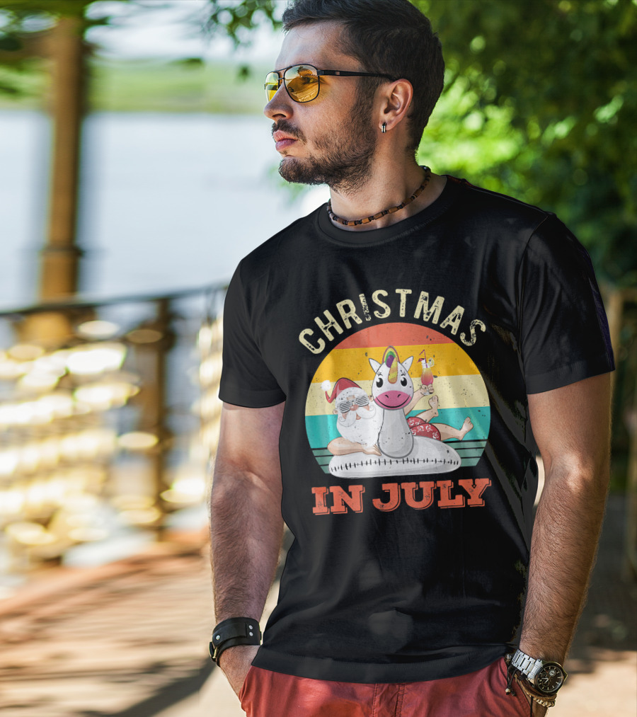 Christmas In July Vintage Santa With Inflatable Unicorn And Drink T-Shirt