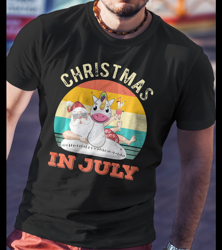 Christmas In July Vintage Santa With Inflatable Unicorn And Drink T-Shirt