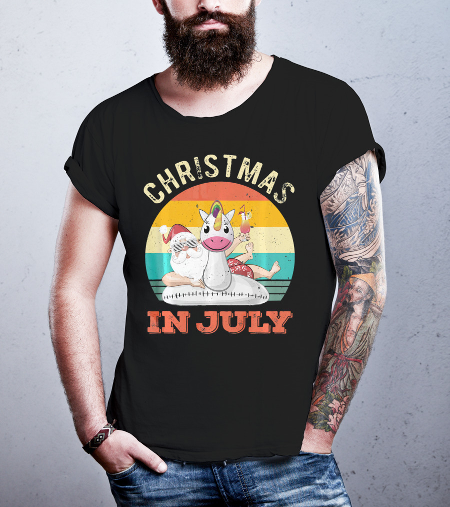 Christmas In July Vintage Santa With Inflatable Unicorn And Drink T-Shirt