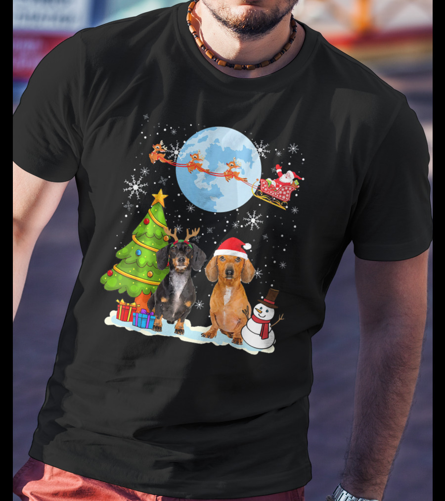 Funny Dachshund Christmas Santa Moon Reindeers Tree Snowman T-Shirt