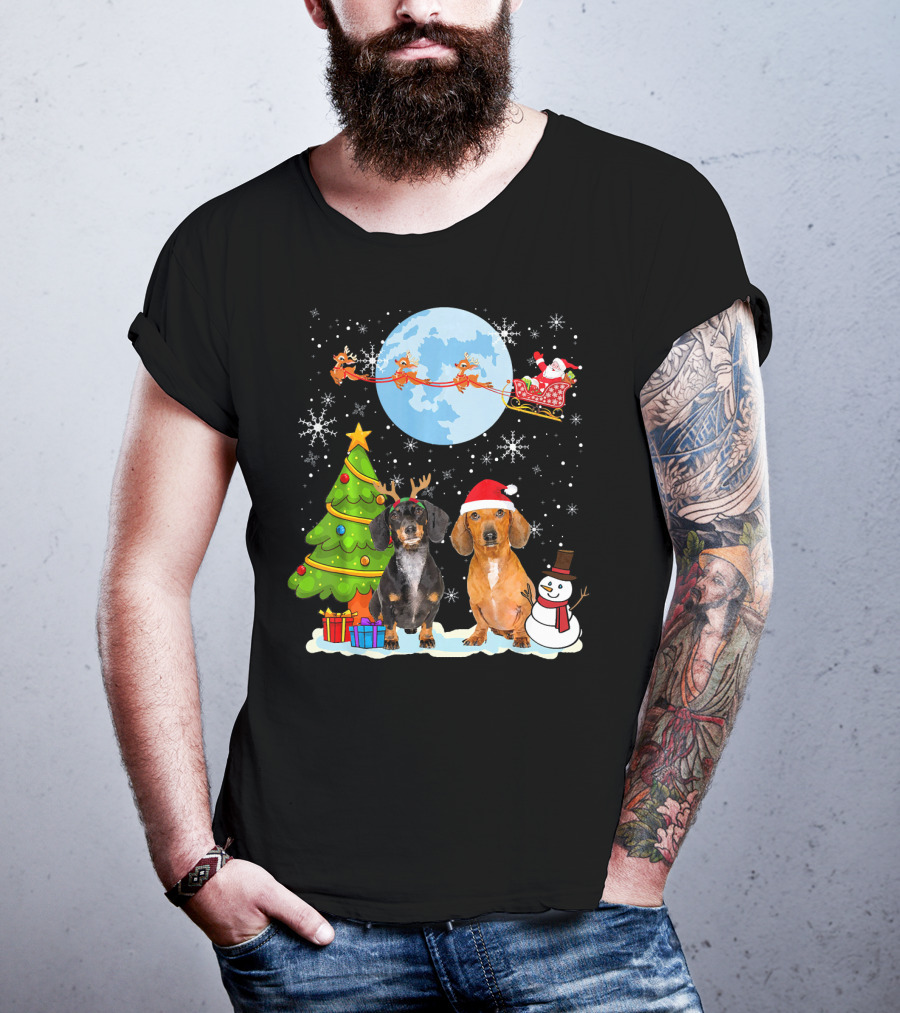 Funny Dachshund Christmas Santa Moon Reindeers Tree Snowman T-Shirt