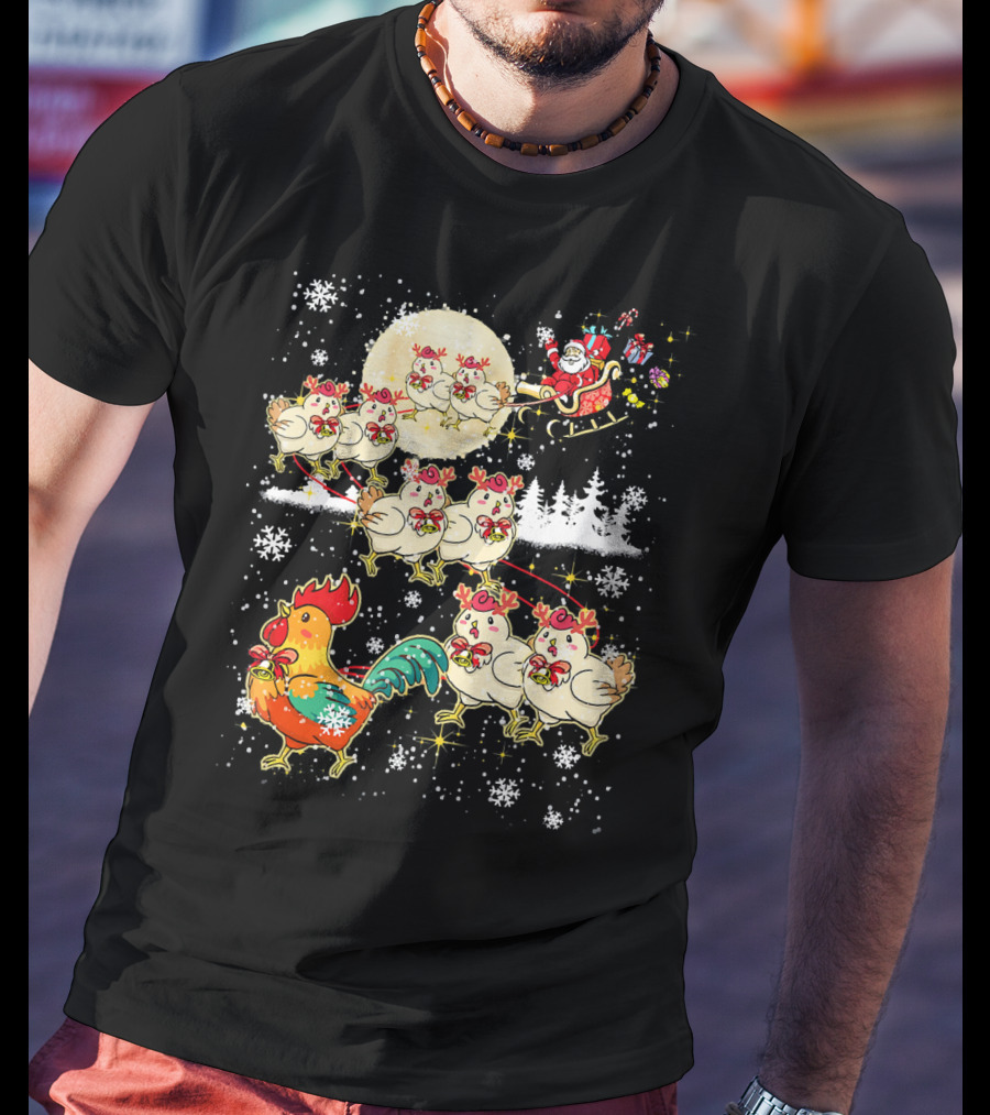 Chicken Reindeer Christmas Santa Sleigh With Snowflakes And Nice Chicken T-Shirt