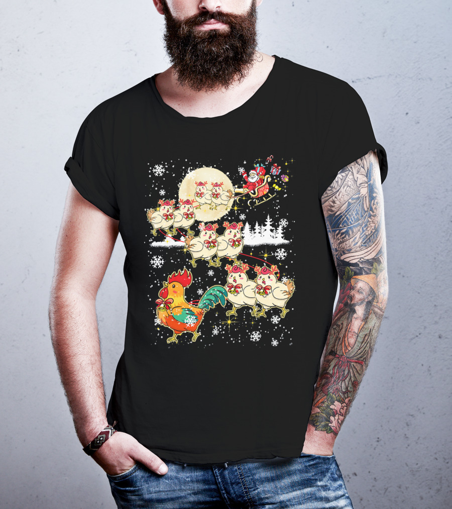 Chicken Reindeer Christmas Santa Sleigh With Snowflakes And Nice Chicken T-Shirt