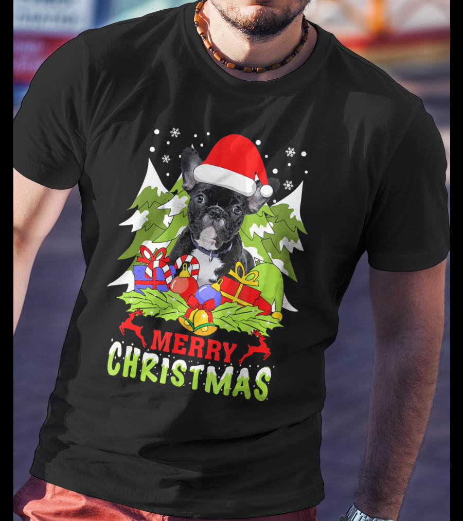 Merry Christmas French Bulldog Santa Hat Gifts Snowflakes T-Shirt