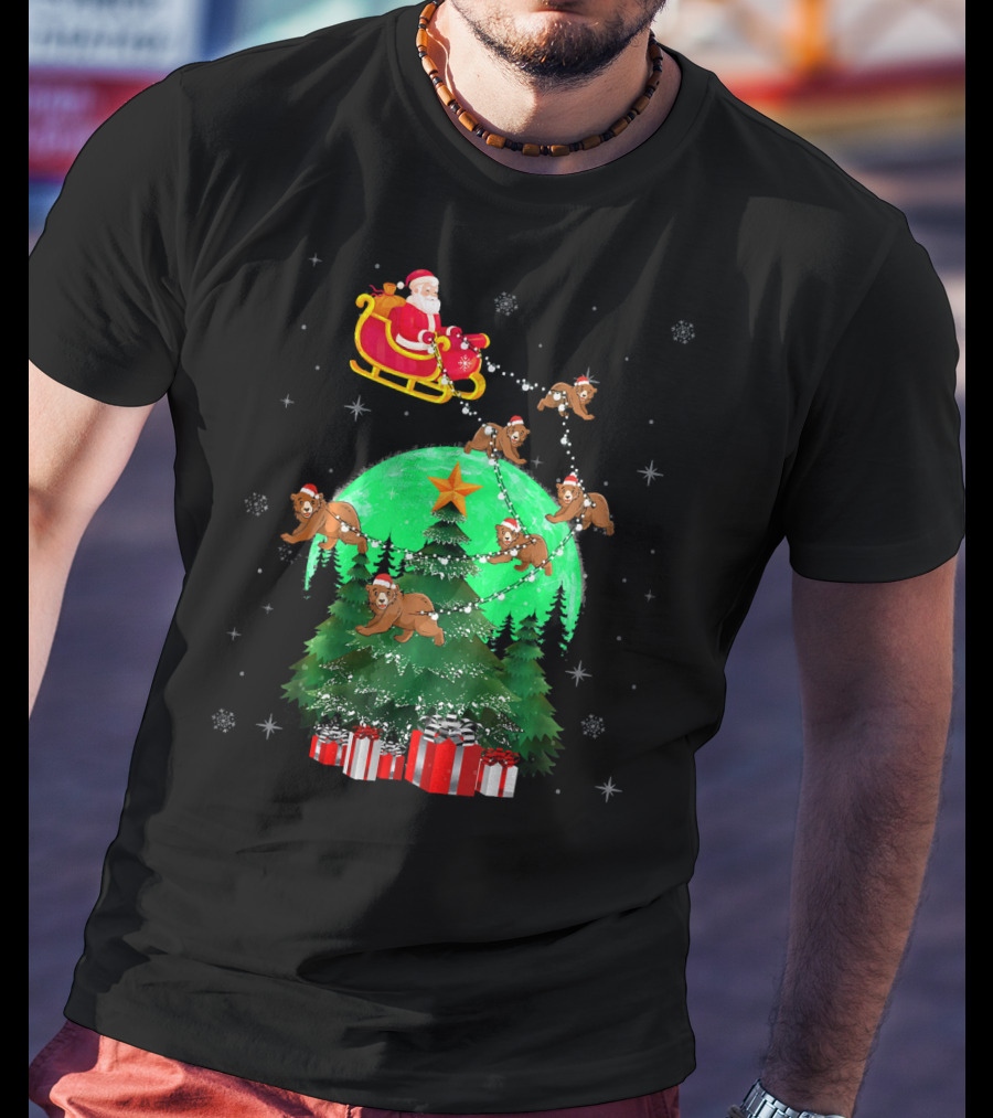 Santa Claus With Bears And Sleigh Over Christmas Tree And Presents T-Shirt