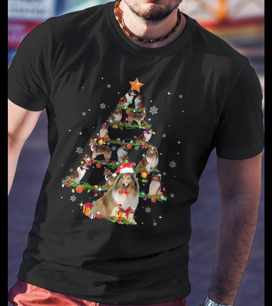 Rough Collie Christmas Tree With Santa Hat And Gifts T-Shirt