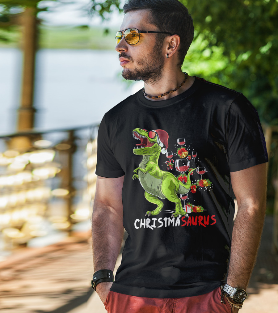 Christmasaurus T-Rex Santa Hat Wine Ornaments T-Shirt