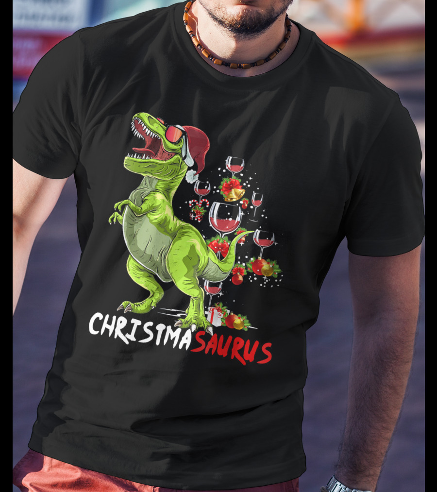 Christmasaurus T-Rex Santa Hat Wine Ornaments T-Shirt