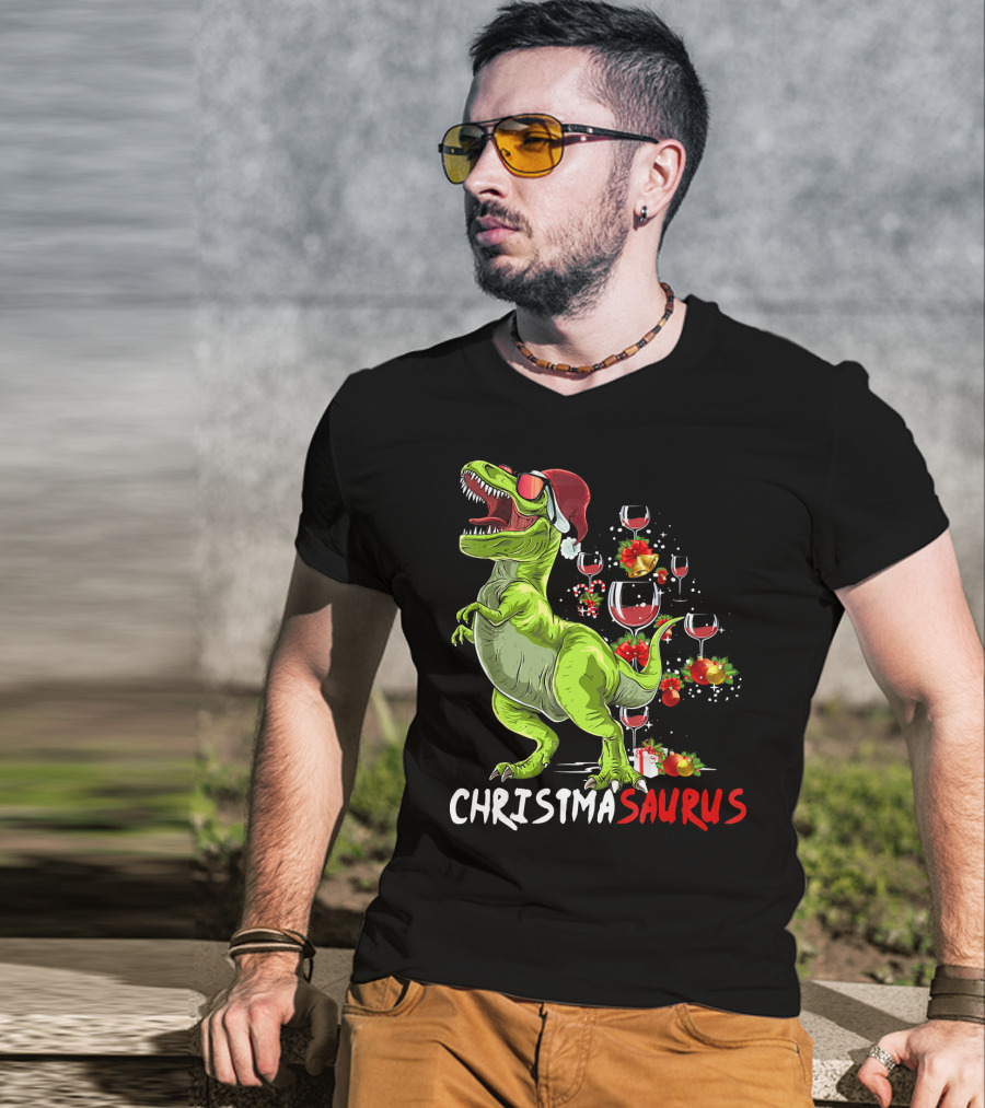 Christmasaurus T-Rex Santa Hat Wine Ornaments T-Shirt