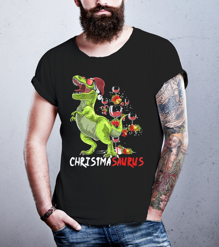 Christmasaurus T-Rex Santa Hat Wine Ornaments T-Shirt
