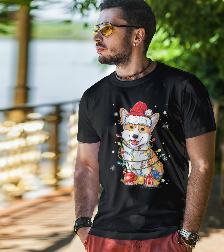 Merry Corgmas Xmas Tree Santa Corgi Wrapped In Christmas Lights And Ornaments T-Shirt