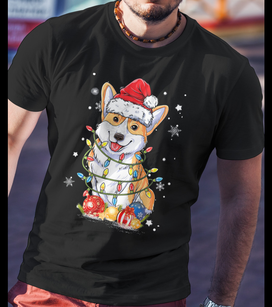 Merry Corgmas Xmas Tree Santa Corgi Wrapped In Christmas Lights And Ornaments T-Shirt