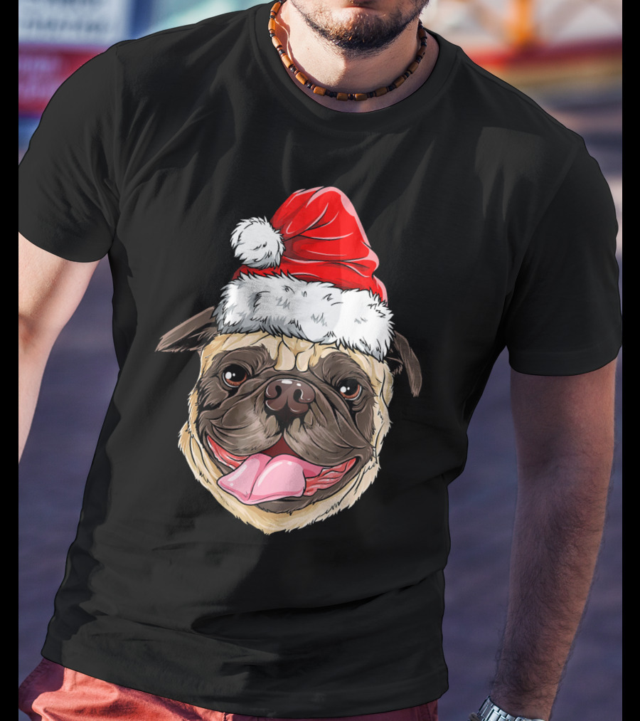 Pug Santa Christmas Hat Joyful Expression T-Shirt